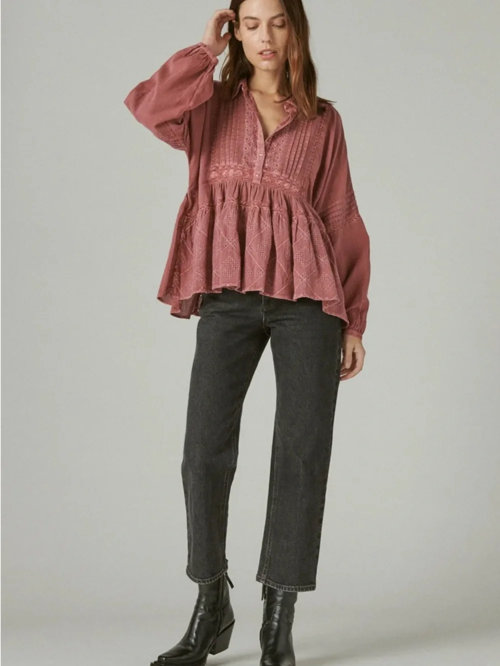 Lucky Brand Dusty Rose Boho Embroidered Peplum Top XL Oversized Eyelet Blouse - Picture 2 of 8